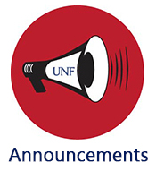 megaphone clipart with UNF text logo on red background and text of Announcements