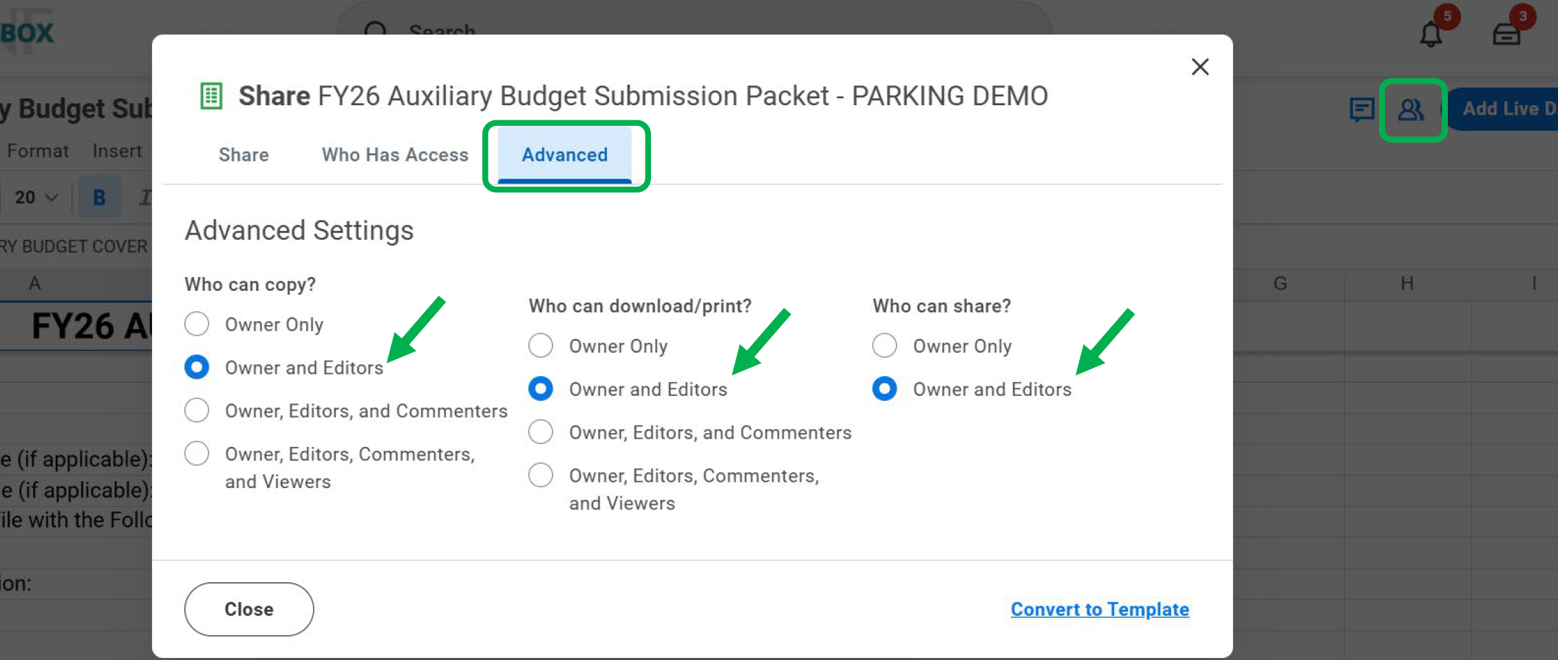 Sharing and Submitting the Auxiliary Workbook Packet Advanced settings choose owner and editors