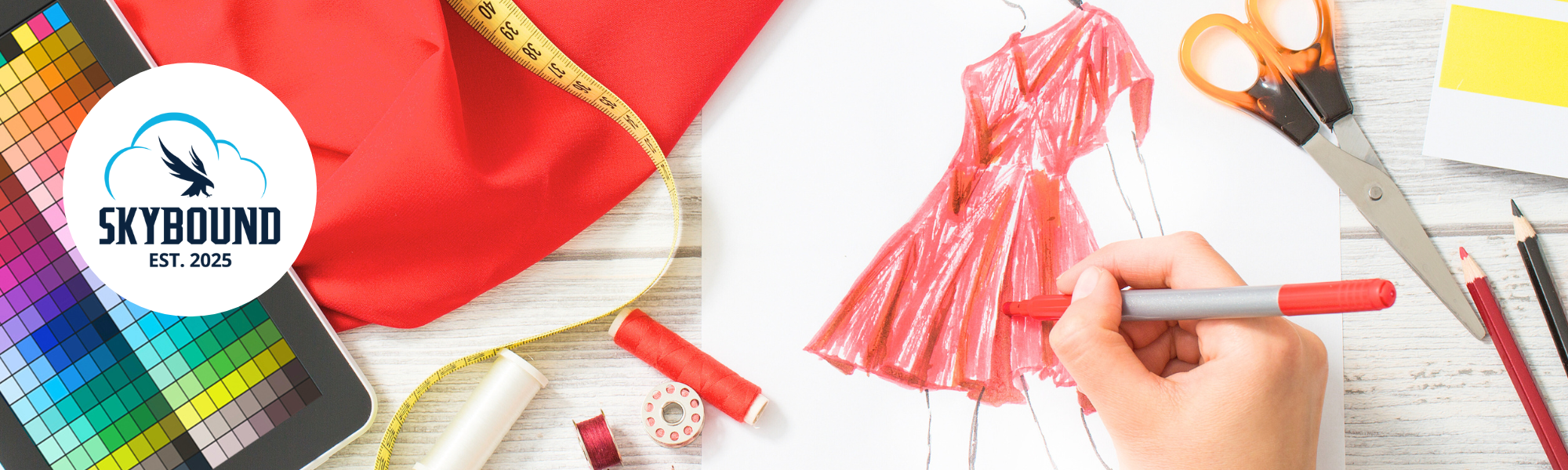 Fashion illustration of red dress, red fabric, measuring tape, colored-pencils, and threads