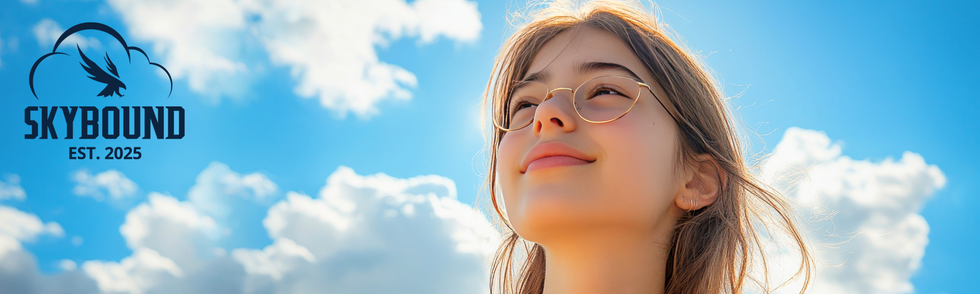 Girl looking upward in the blue sky