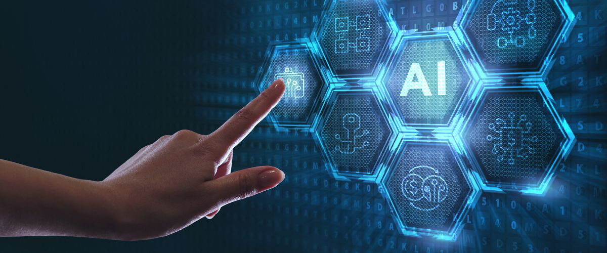 A hand points at a hexagonal button displaying an AI icon