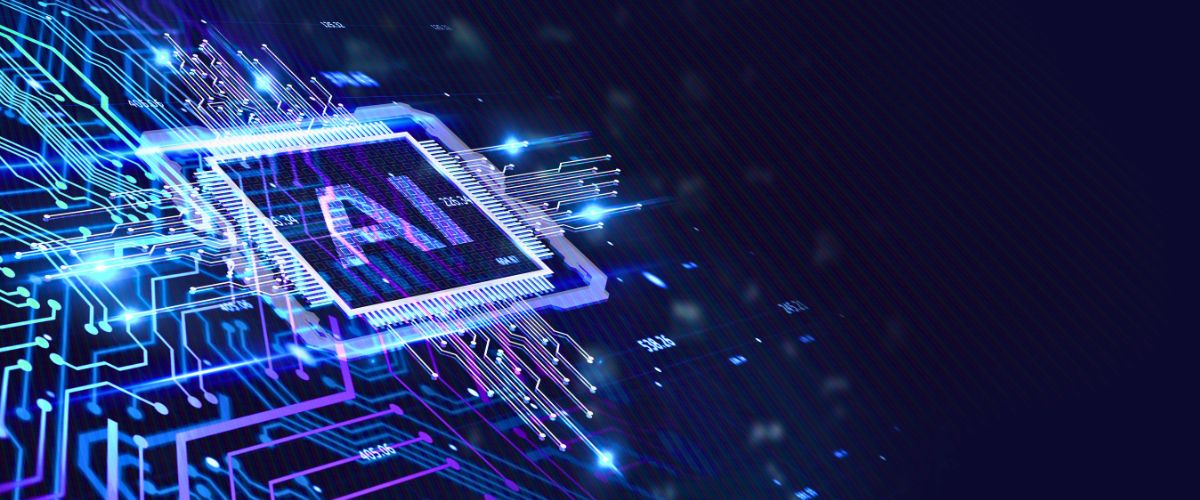 A glowing microchip with the letters AI in the center is connected to various circuitry