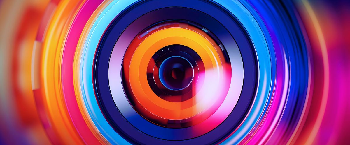 A vibrant, colorful abstract design resembling a camera lens