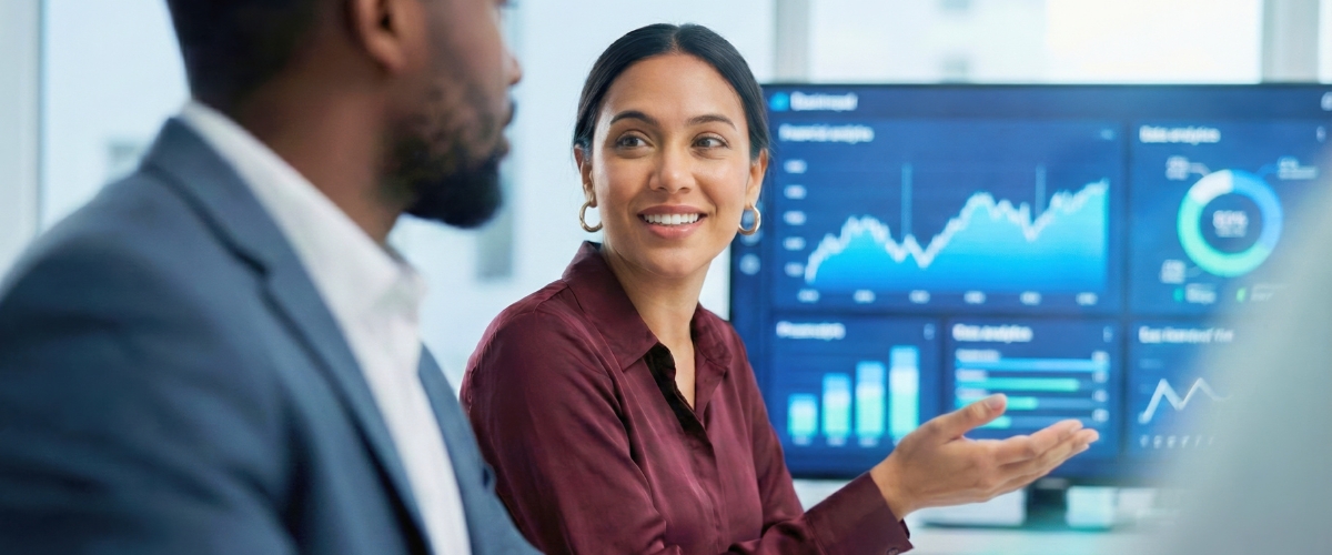 A professional woman presents data analysis to colleagues