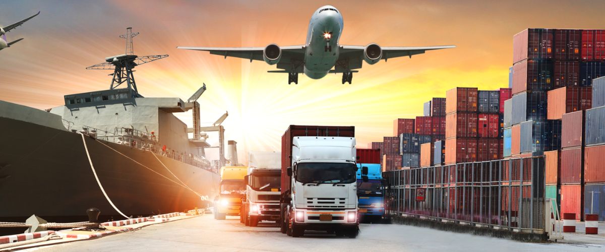 Ship, airplane, and trucks