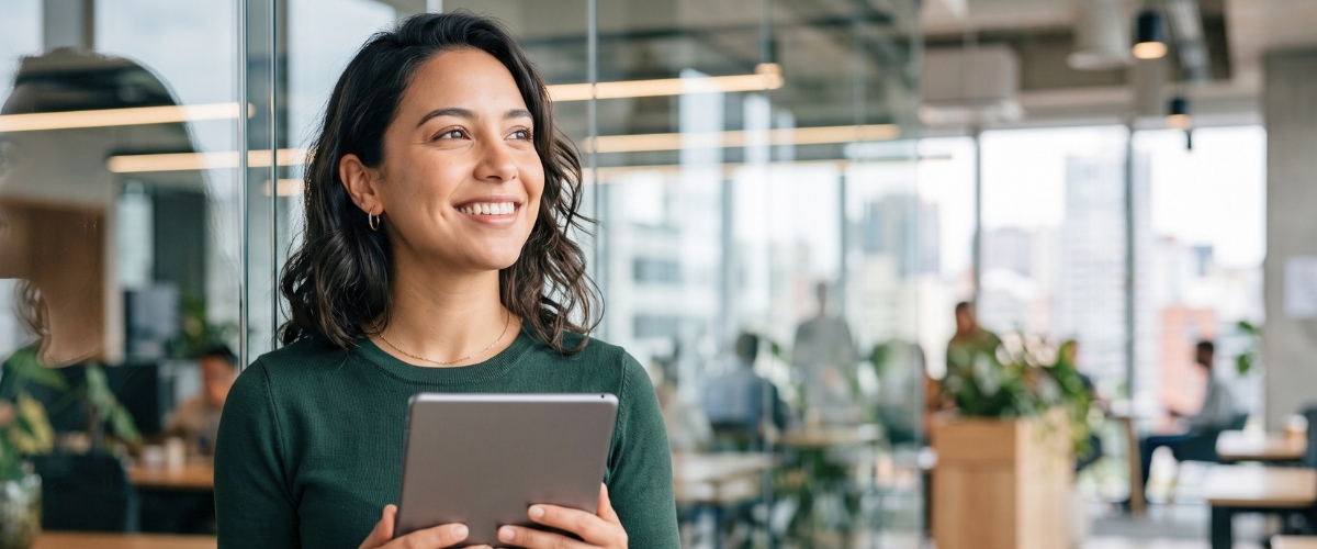 Happy young businesswoman holding a digital tablet