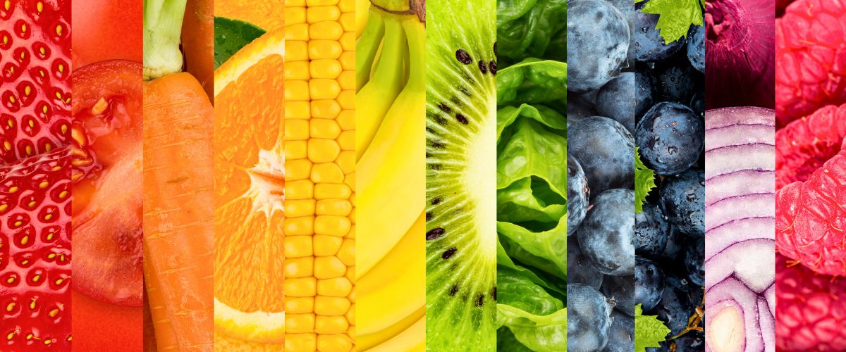 Rainbow-colored food collage