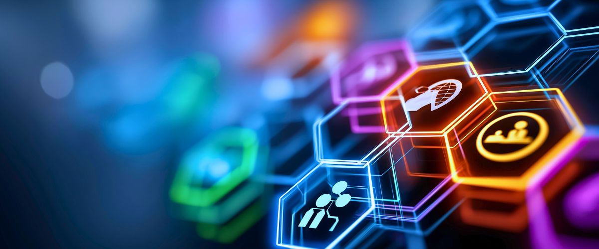 Neon AI ethics icons for ethical standards and regulatory compliance