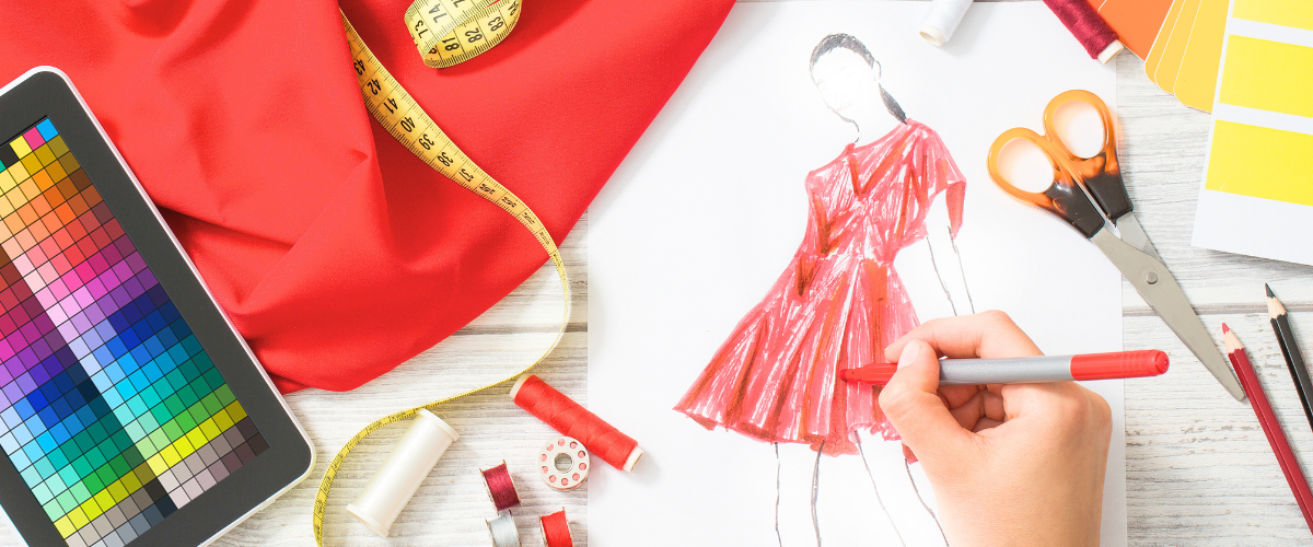 Fashion illustration, fabric, measuring tape and threads