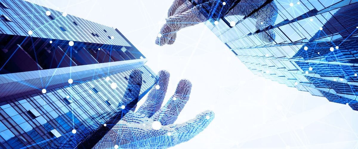 Two pixelated hands reaching out and glass skyscrapers