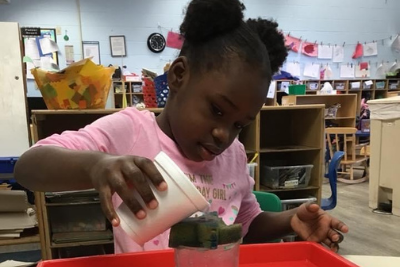 Female student pouring water over a rock into a bucket