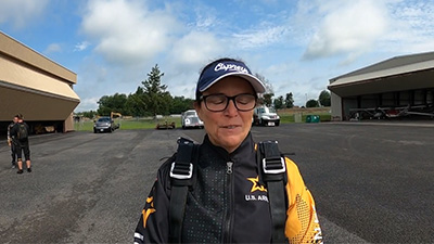 UNF employee in U.S. Army Gear being interviewed before skydiving