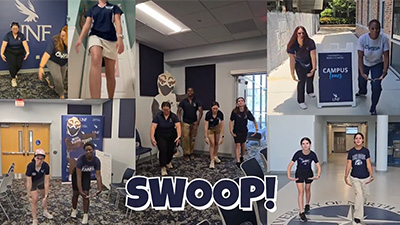 Swoop squad members swooping around UNF's campus text of SWOOP!