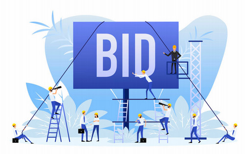 Clip art workers constructing bid sign