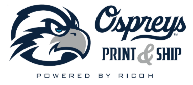 Opsreys Print &amp; Ship Logo with Osprey Athletics logo to the left and Powered by Ricoh below.