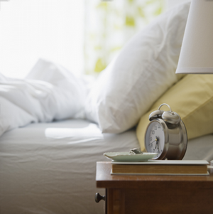 hotel room bed and side table