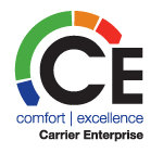 Logo for Carrier Enterprises featuring the initials "CE" with a colorful arc and the words "comfort | excellence"
