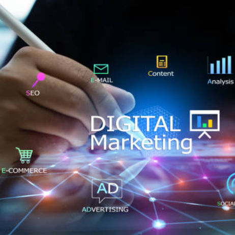 Hand using e-pen on tablet with Digital Marketing and app icons.