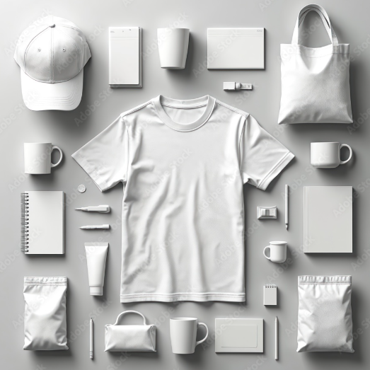 White clothing and promotional products.