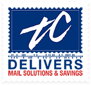 Blue, white and red logo with tc Delivers Mail Solutions &amp; Savings written.