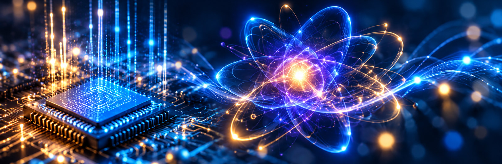computer chip with data visual springing off of it in atom pattern
