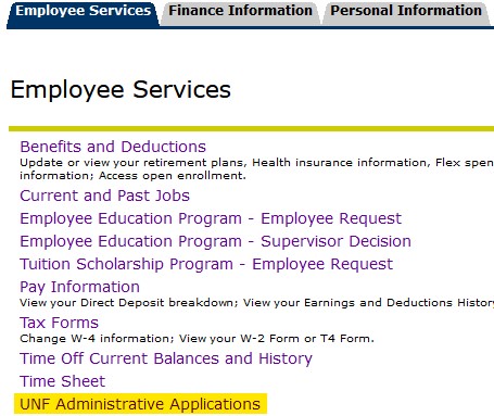 The UNF Administrative Applications link is highlighted yellow under the Employee Services menu.