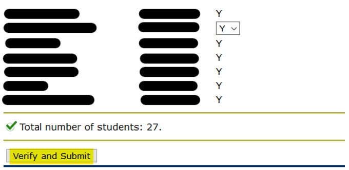 The verify and submit button under the list of students is highlighted in yellow.