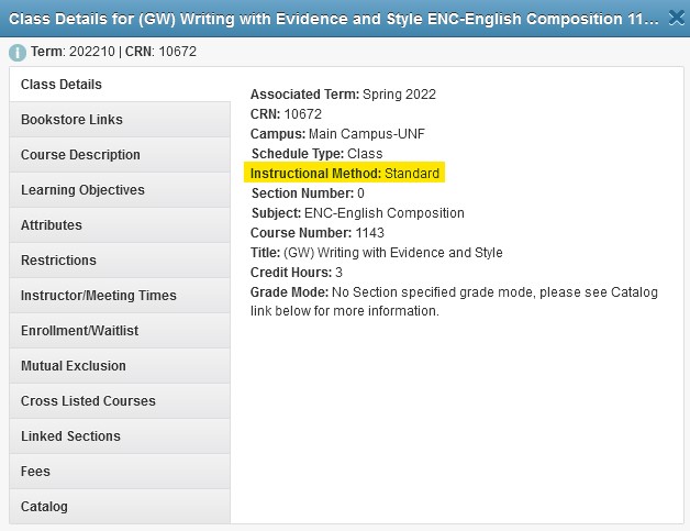 Registration class details pop-out is shown. The Instructional Method is labeled Standard and is highlighted yellow.