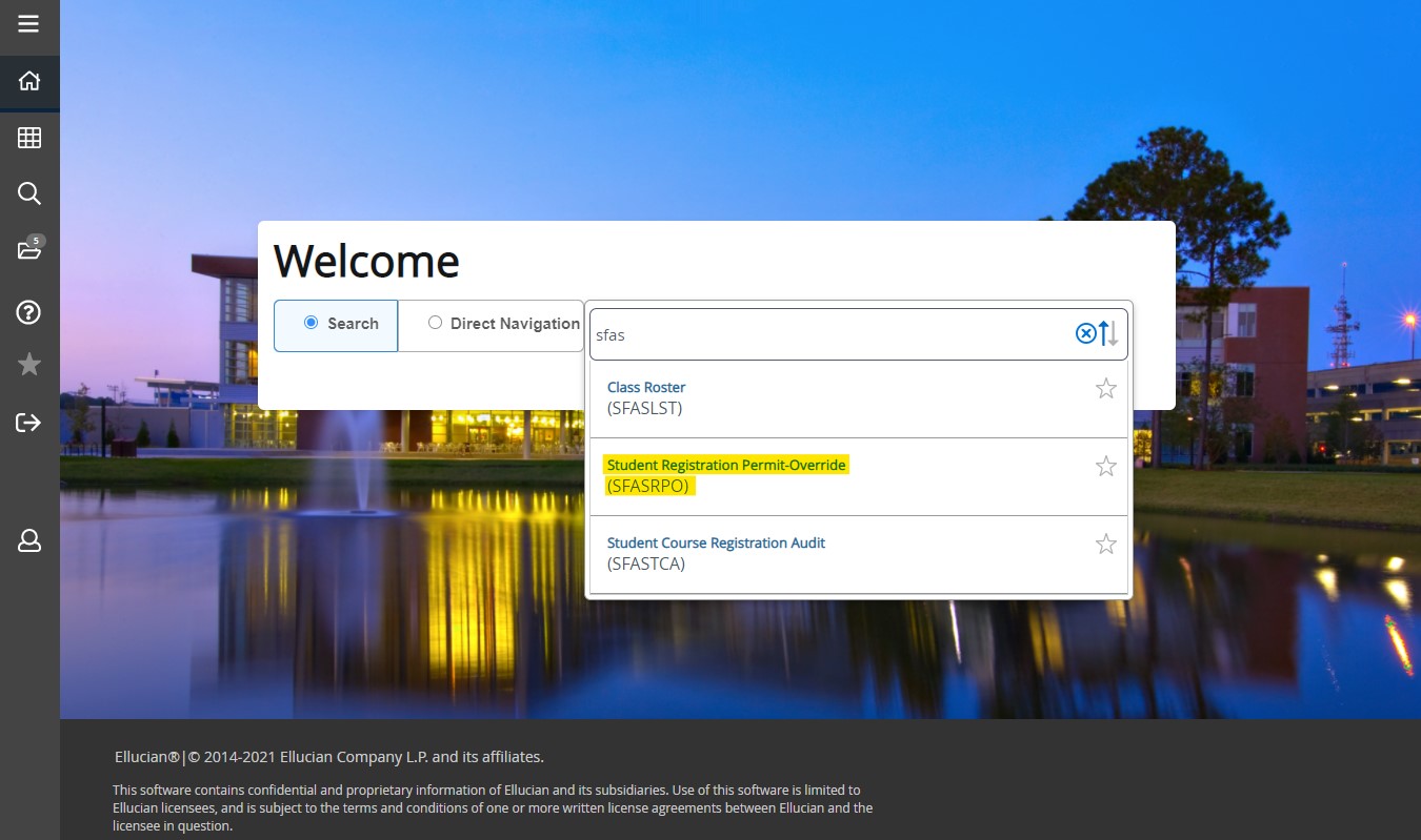 The homepage of Banner Admin Pages is shown. The page SFASRPO is highlighted yellow in the drop-down.
