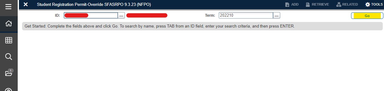 The SFASRPO page is shown. The is a student ID field and a Term field.