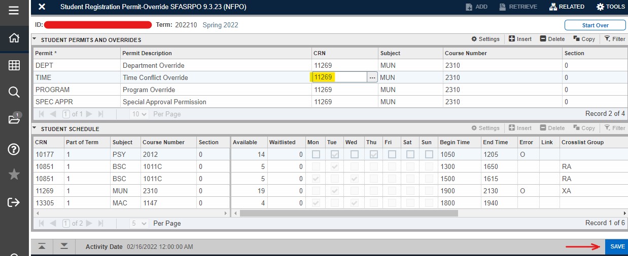 A time registration override code is entered. The CRN is highlighted yellow. The save button has a red arrow pointing to it.