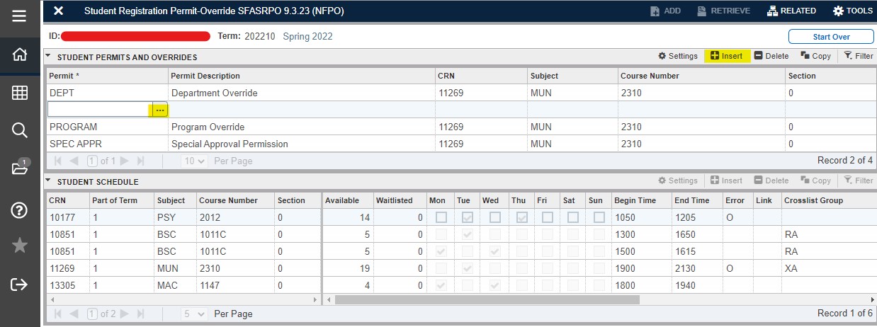 The SFASRPO page is shown. The student has previous override entered. The insert button and the Permit ellipsis are highlighted in yellow.