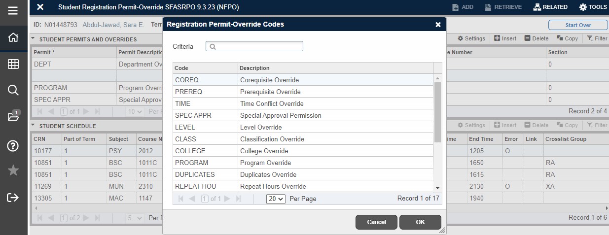 After clicking the Permit ellipsis, a menu of available override codes are shown.