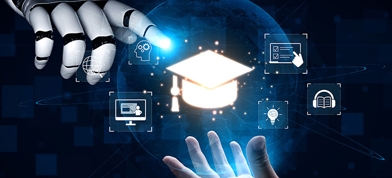 robot hand pointing to and human hand holding up digital icons surrounding a sphere with an icon of a graduate cap