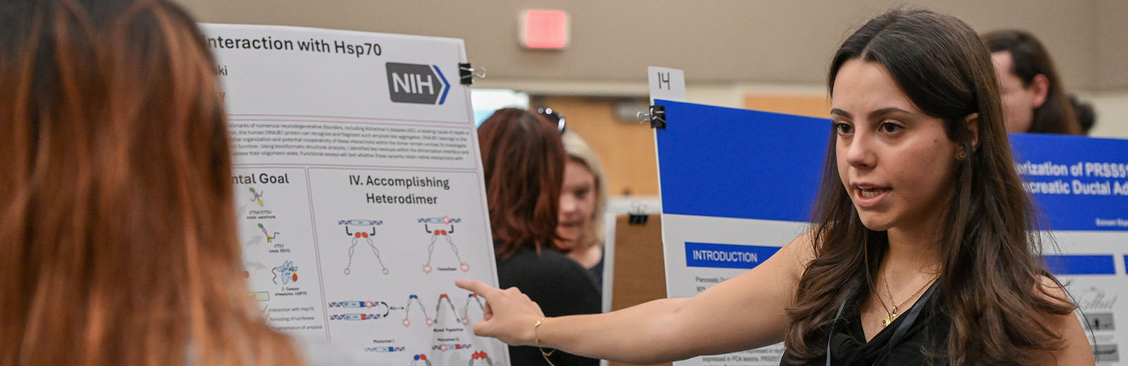 Student presenting their research to another person at a symposium