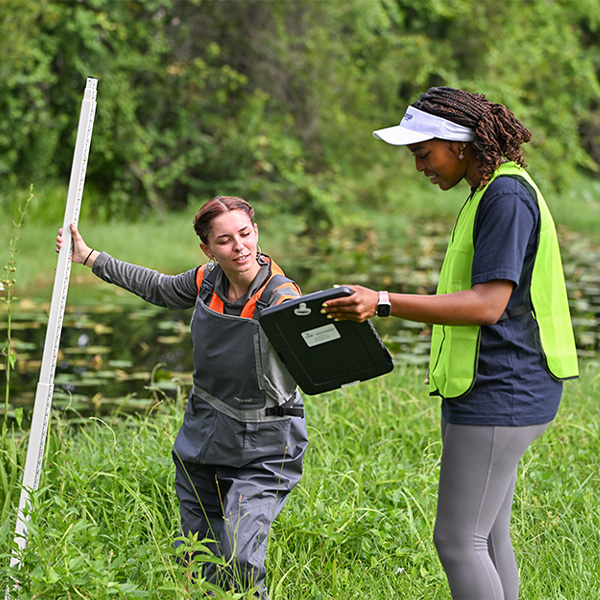 students in a wetland holding research equipment
