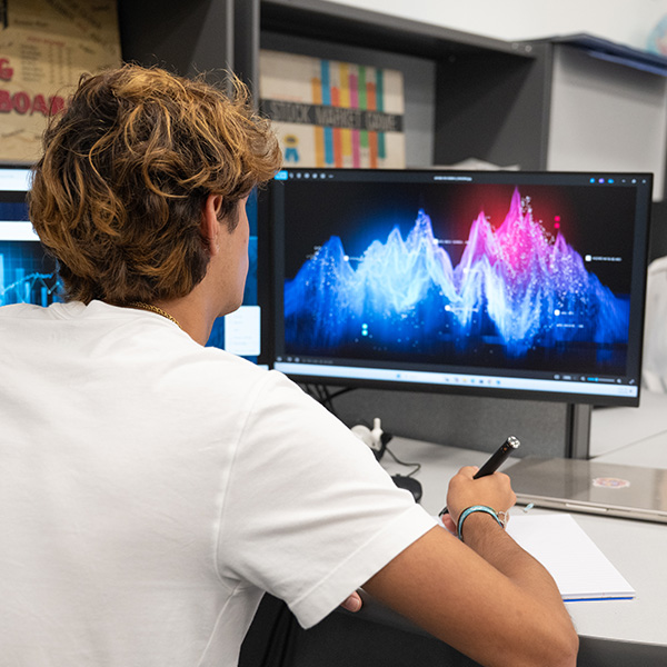 student sitting at a desk with computer showing a data visualization