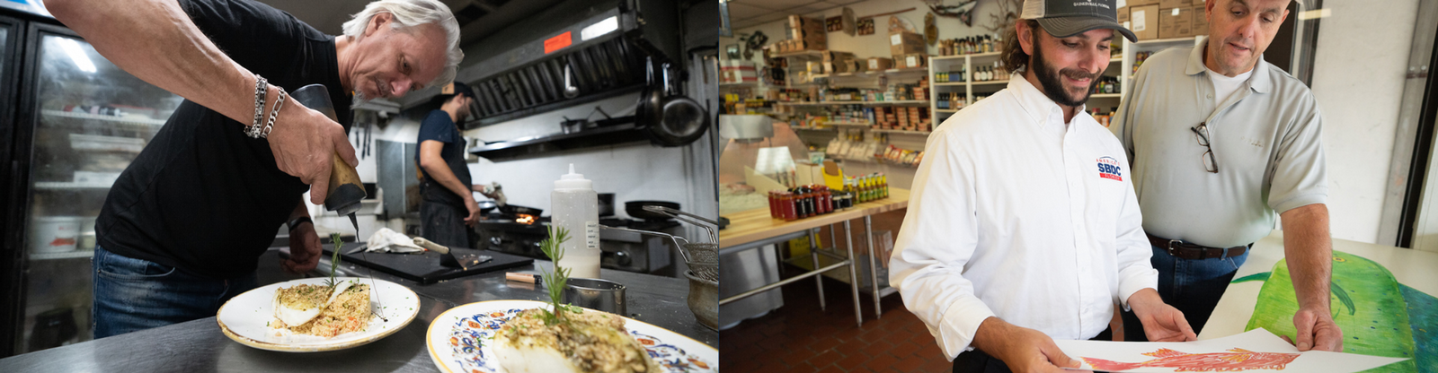 a collage with Antonio adding a sauce to a dish and Taylor consulting a client