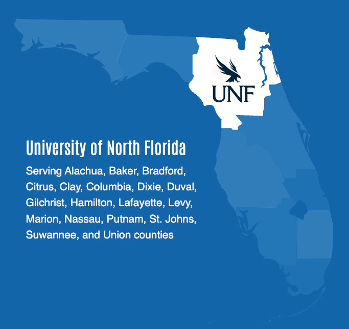 Map of Florida highlighting University of North Florida serving Alachua, Baker, Bradford, Clay, Citrus, Columbia, Dixie, Duval, Gilchrist, Hamilton, Lafayette, Levy, Marion, Nassau, Putnam, St. Johns, Suwannee and Union counties