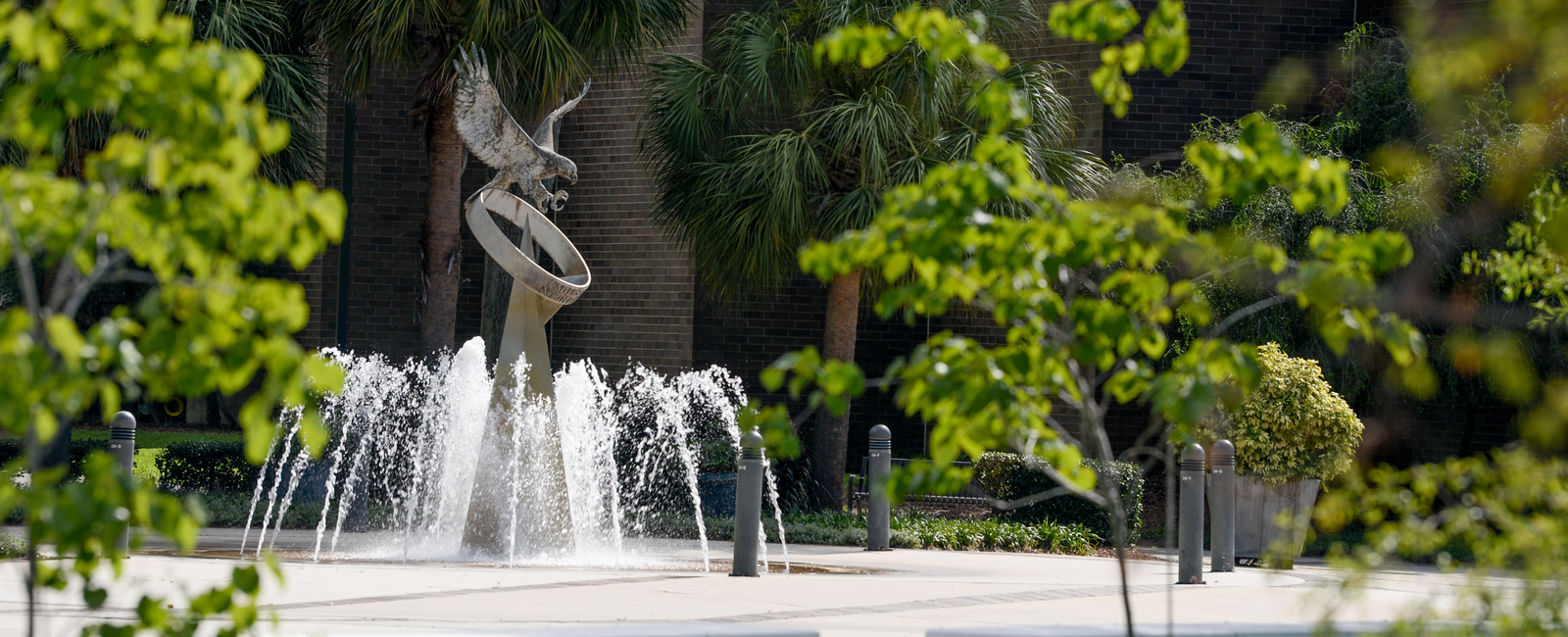 UNF osprey fountain on campus surrounded by greenery and lots of palm trees