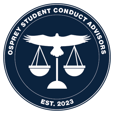 The logo for the OSCA, featuring an osprey with its wings spread, connected to the scales of justice. The text reads, "Osprey Student Conduct Advisors, Established in 2023."
