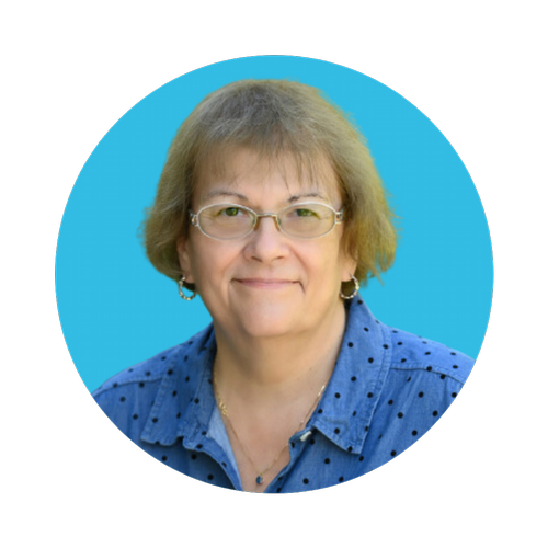 Cathy O headshot with cyan blue circle background 