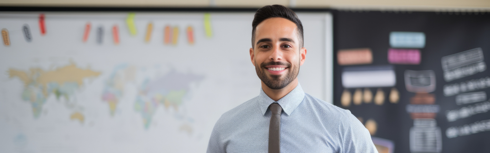 A high school Social Studies teacher stands in his classroom smiling.