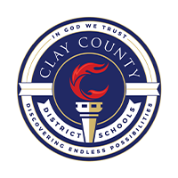 Clay County District Schools circular logo with a red flame over a torch and the text “In God We Trust” and “Discovering Endless Possibilities.”