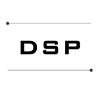 Minimalist DSP logo with bold black letters between two thin horizontal lines with dot endpoints.