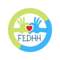 Circular FEDHH logo with a green-and-blue ring, stylized hands, and a red heart above the text “FEDHH”.