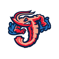 Cartoon-style red shrimp mascot with boxing gloves, outlined in navy and cream.