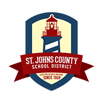 St. Johns County School District logo with a red lighthouse above a ribbon banner reading “St. Johns County School District” and “Since 1869.”