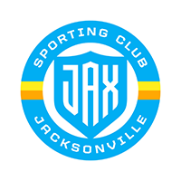 Sporting Club Jacksonville logo with a blue circular badge, a shield monogram reading “JAX,” and yellow stripes on both sides.