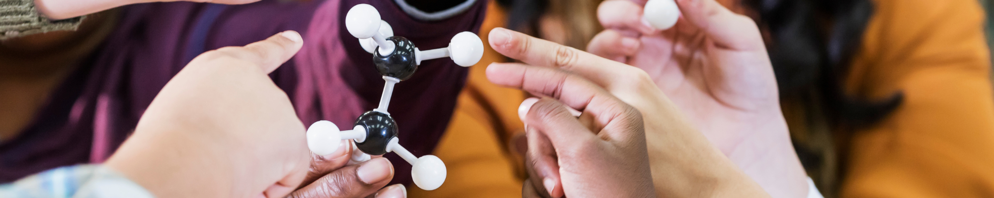 Individuals holding a plastic cluster of atoms